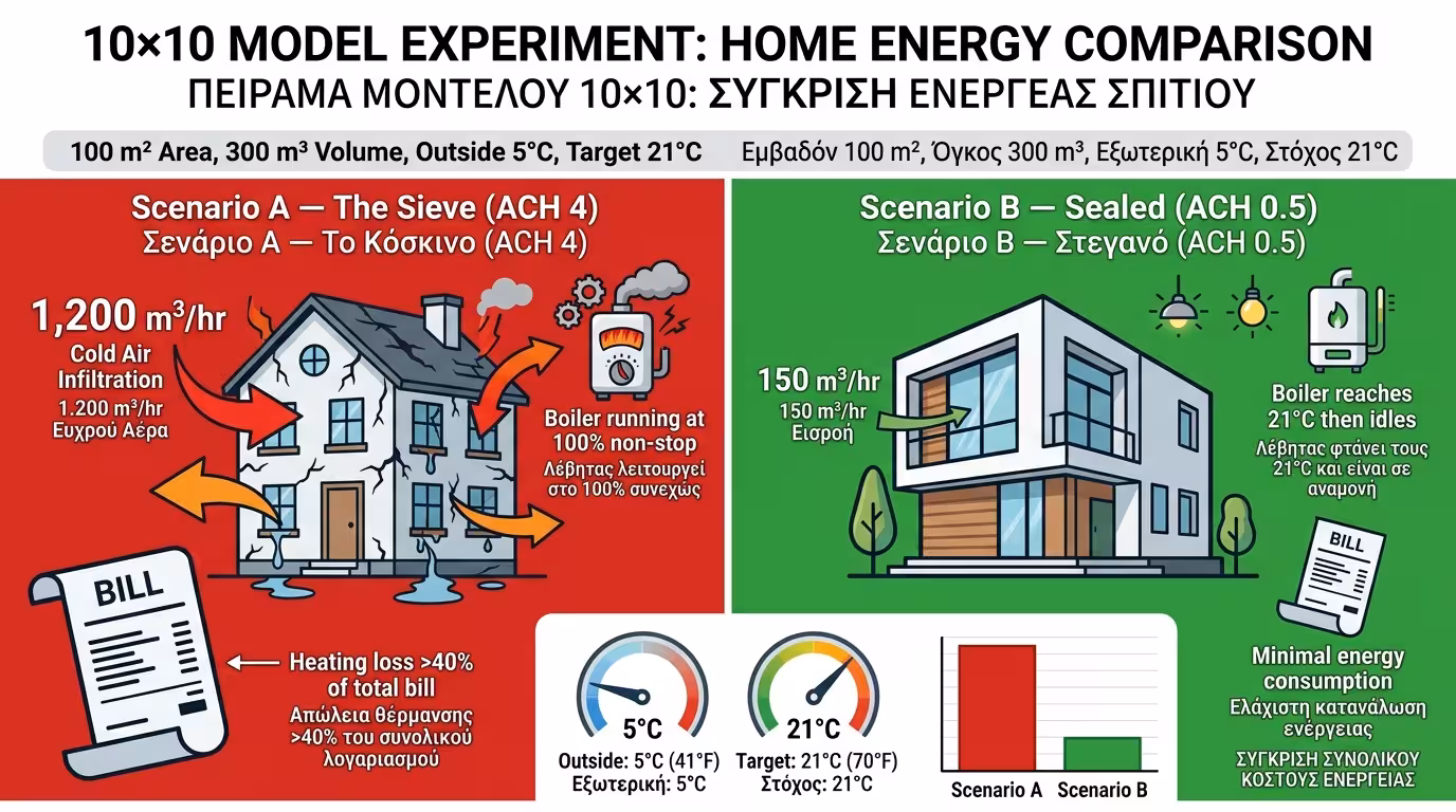 10x10 πείραμα - ACH 4 σουρωτήρι vs ACH 0,5 σφραγισμένο σπίτι