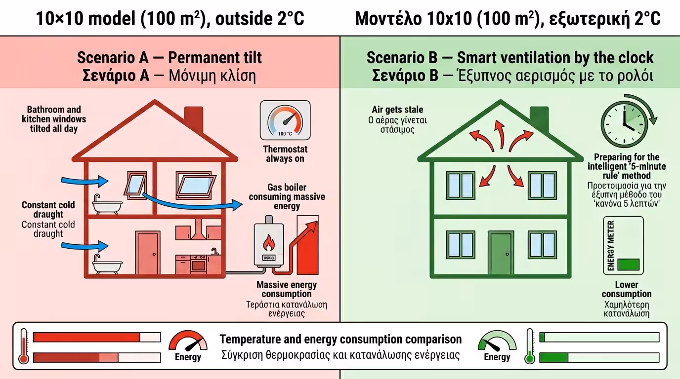 10x10 πείραμα - μόνιμη ανάκλιση vs αερισμός με ρολόι