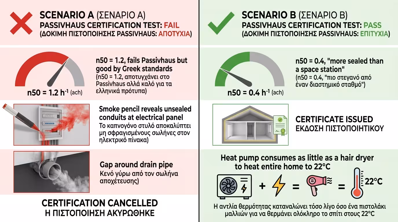 10x10 πείραμα - n50 1.2 αποτυχία vs n50 0.4 πιστοποίηση Passivhaus