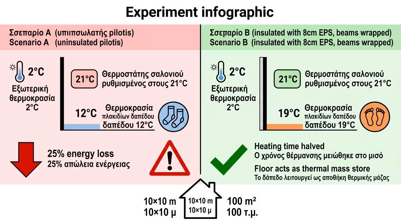 10x10 πείραμα - αμόνωτη πιλοτή 12°C vs μονωμένη 19°C πάτωμα