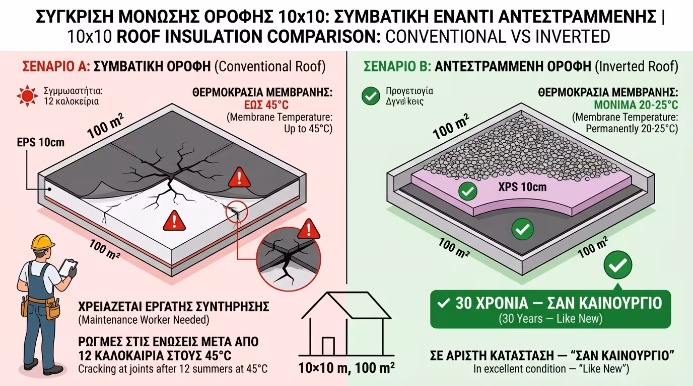 Πείραμα 10x10 - συμβατική vs ανεστραμμένη μόνωση ταράτσας