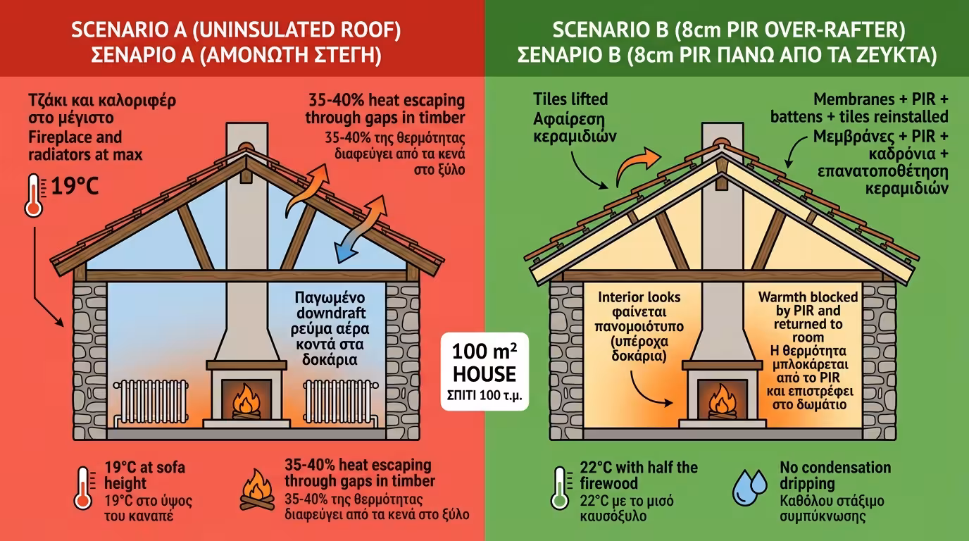 10x10 πείραμα - αμόνωτη στέγη ζέστη δραπετεύει vs PIR 8cm ζεστό σαλόνι