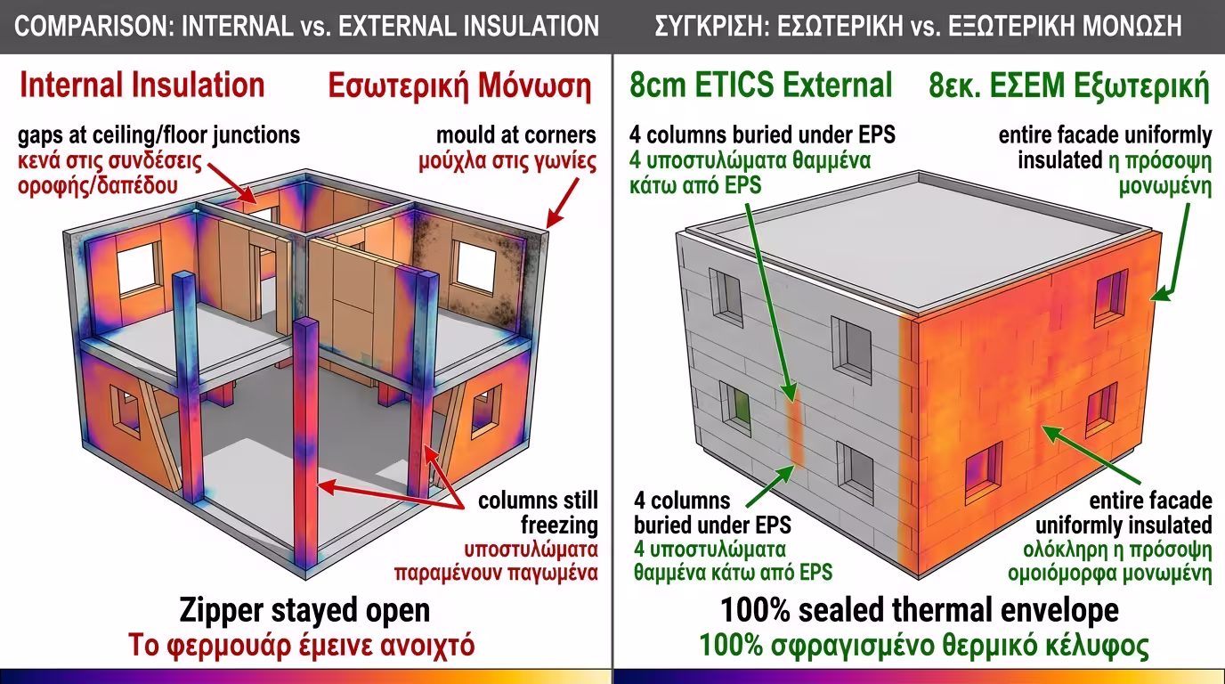 Πείραμα 10x10 - εσωτερική vs εξωτερική μόνωση ETICS