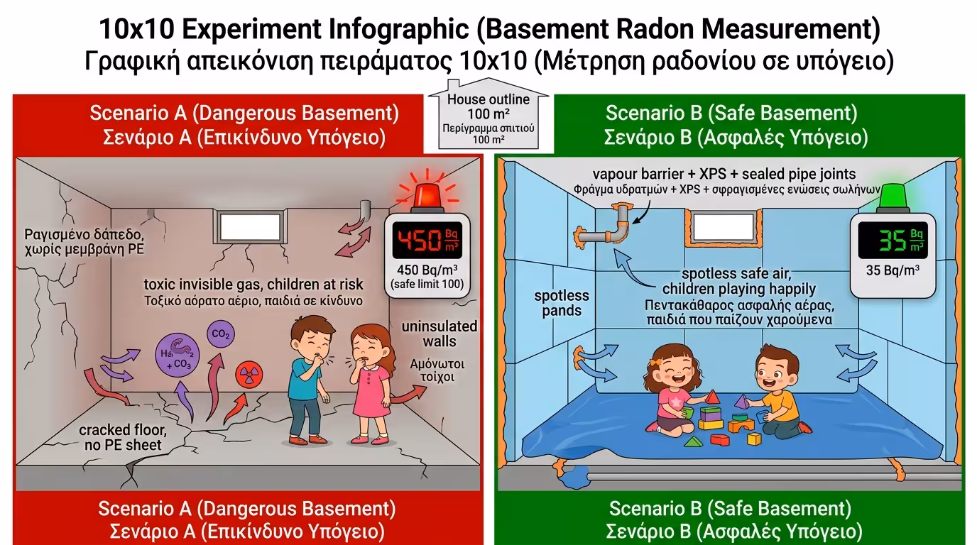 10x10 πείραμα - 450 Bq/m³ κίνδυνος vs 35 Bq/m³ ασφαλές