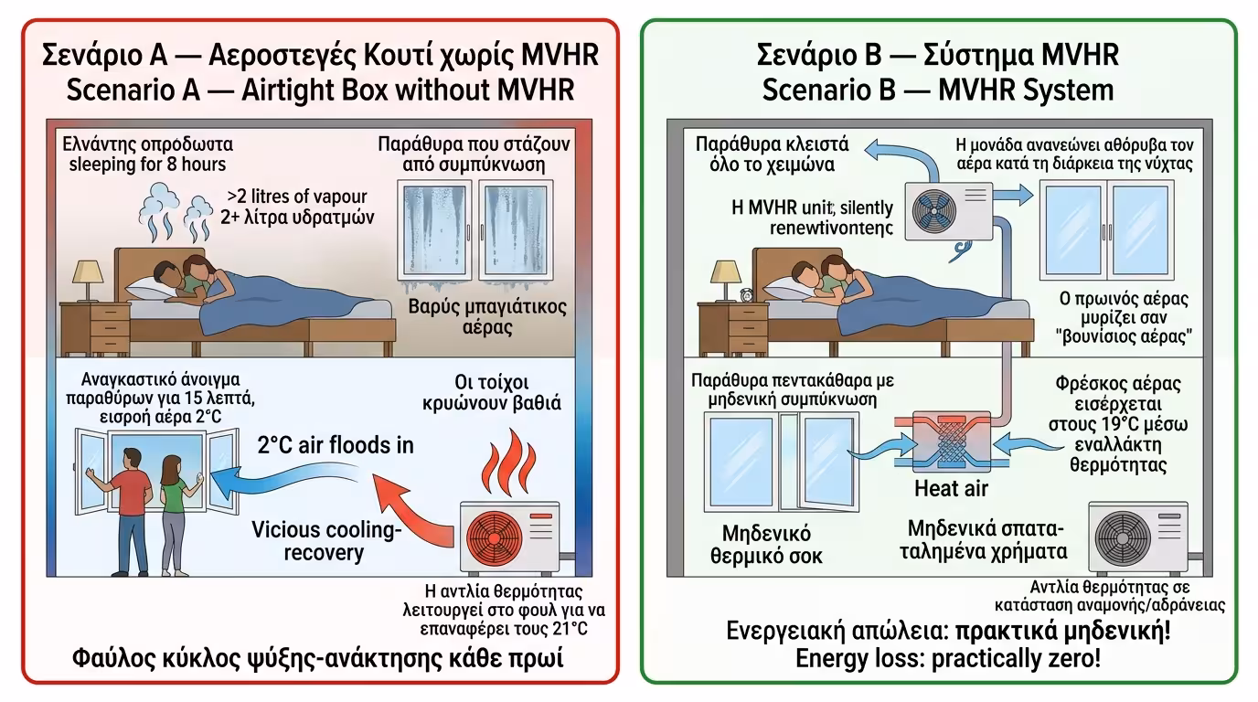 10x10 πείραμα - αεροστεγές χωρίς MVHR vs αεροστεγές με MVHR