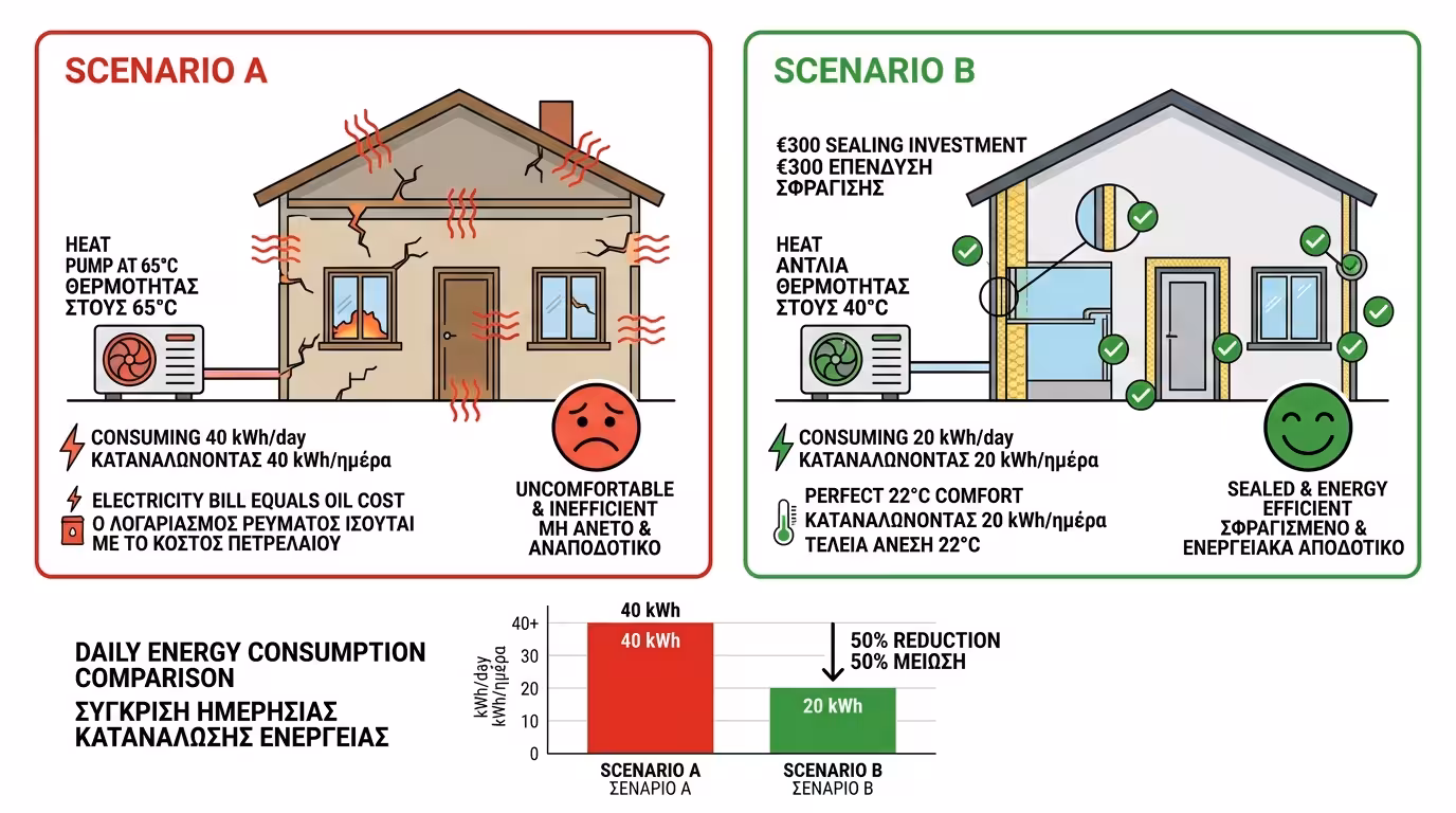 10x10 πείραμα - 40 kWh/ημέρα χωρίς σφράγιση vs 20 kWh/ημέρα με σφράγιση