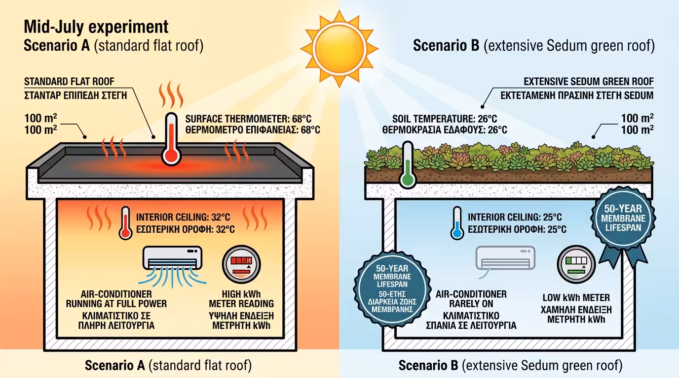10x10 πείραμα - κλασική ταράτσα 68°C vs πράσινο δώμα Sedum 26°C