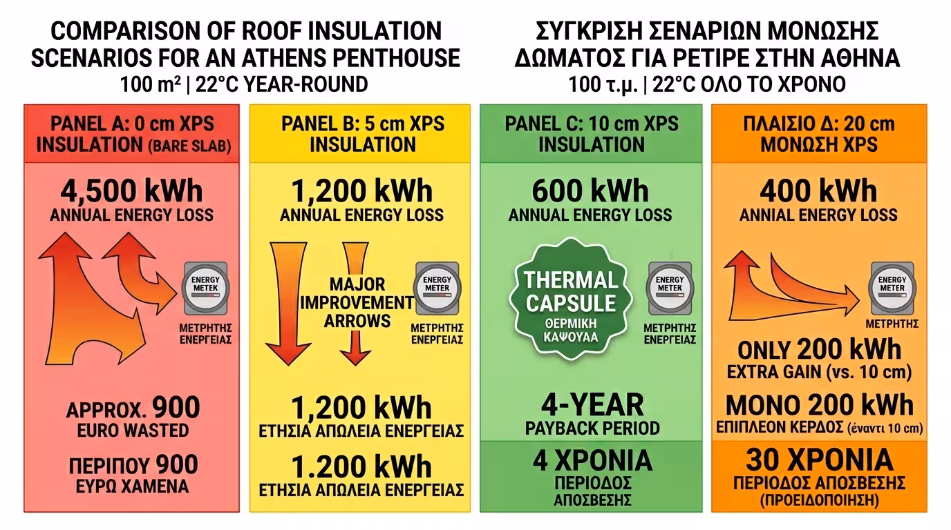 Πείραμα ρετιρέ 10x10 - 4 σενάρια πάχους 0cm έως 20cm