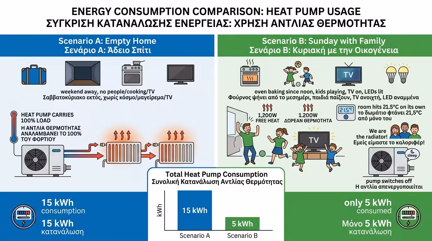 10x10 πείραμα - άδειο σπίτι 15 kWh vs οικογένεια 5 kWh