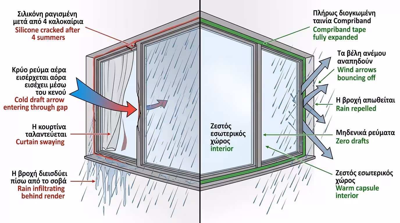 Πείραμα 10x10 - σιλικόνη vs compriband σε παράθυρο