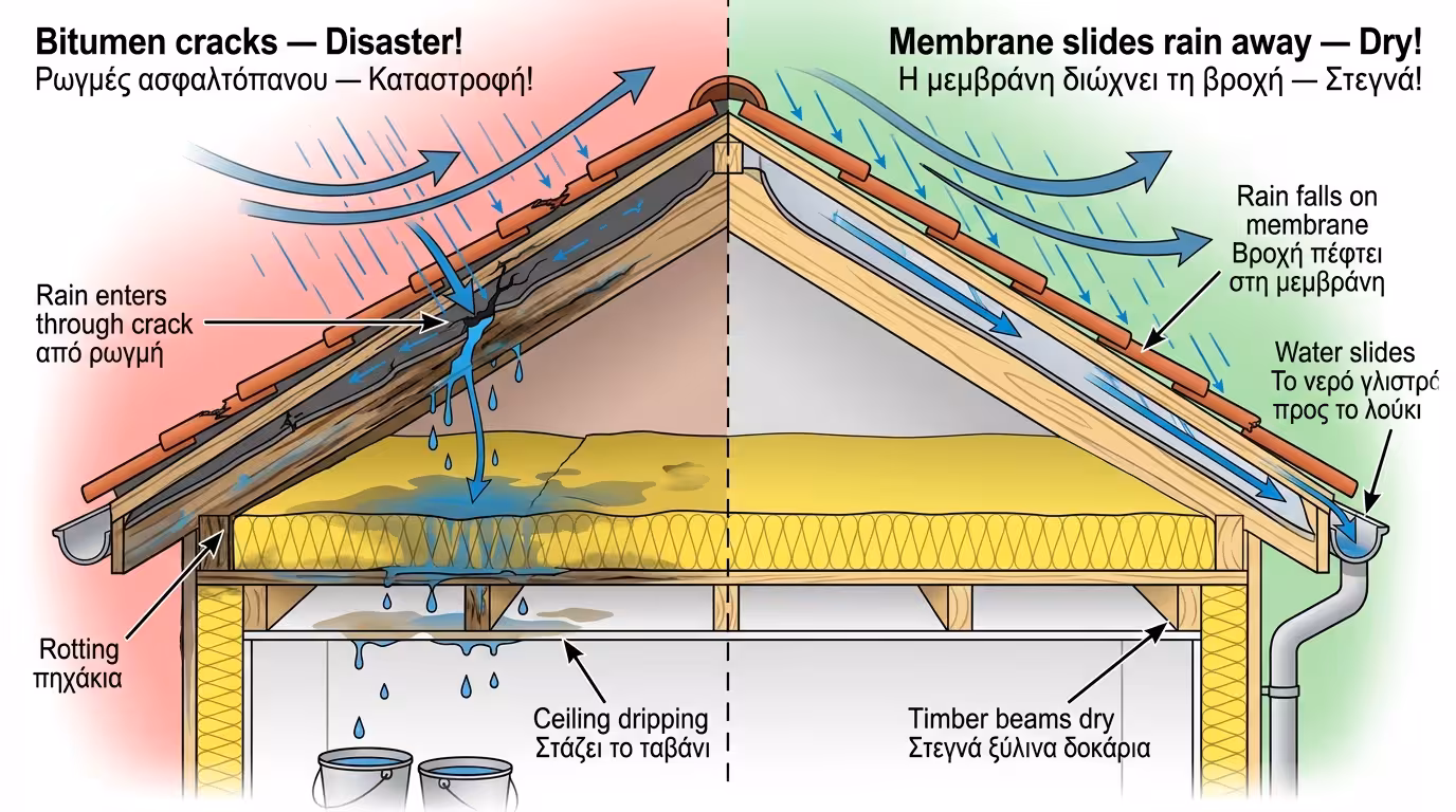 Πείραμα 10x10 - ασφαλτόπανο vs αναπνέουσα μεμβράνη σε στέγη