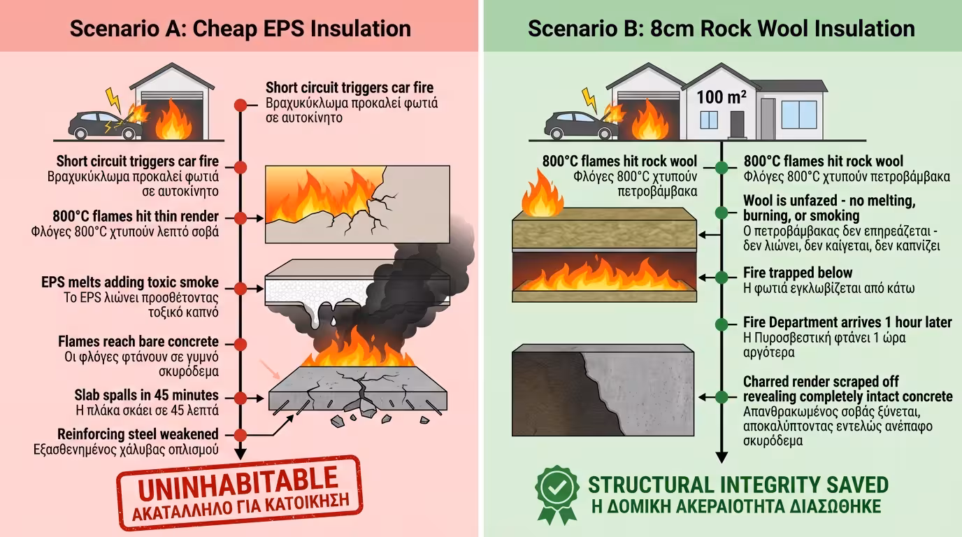 10x10 πείραμα - EPS λιώνει σε 45 λεπτά vs πετροβάμβακας ανέπαφος