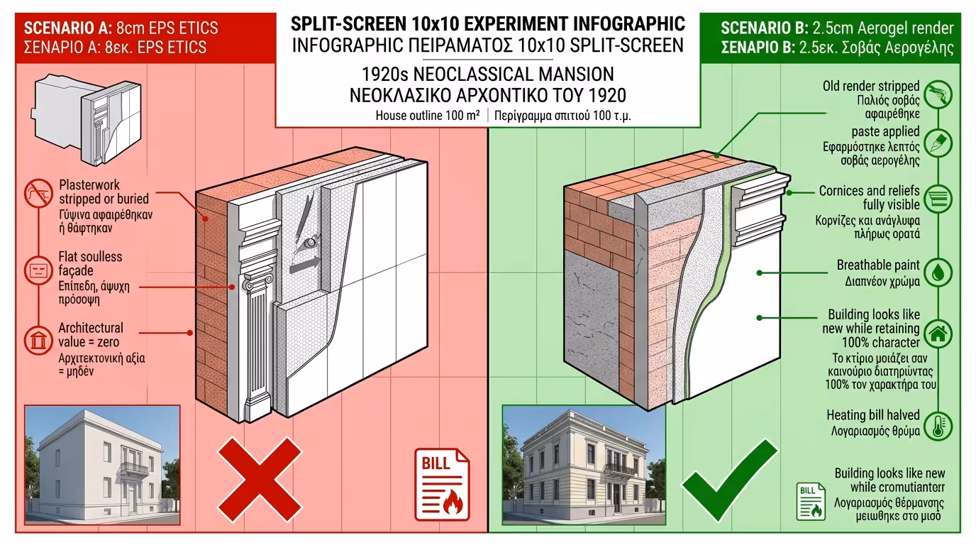10x10 πείραμα - EPS κρύβει γύψινα vs Aerogel 2,5cm διατηρεί 100% χαρακτήρα