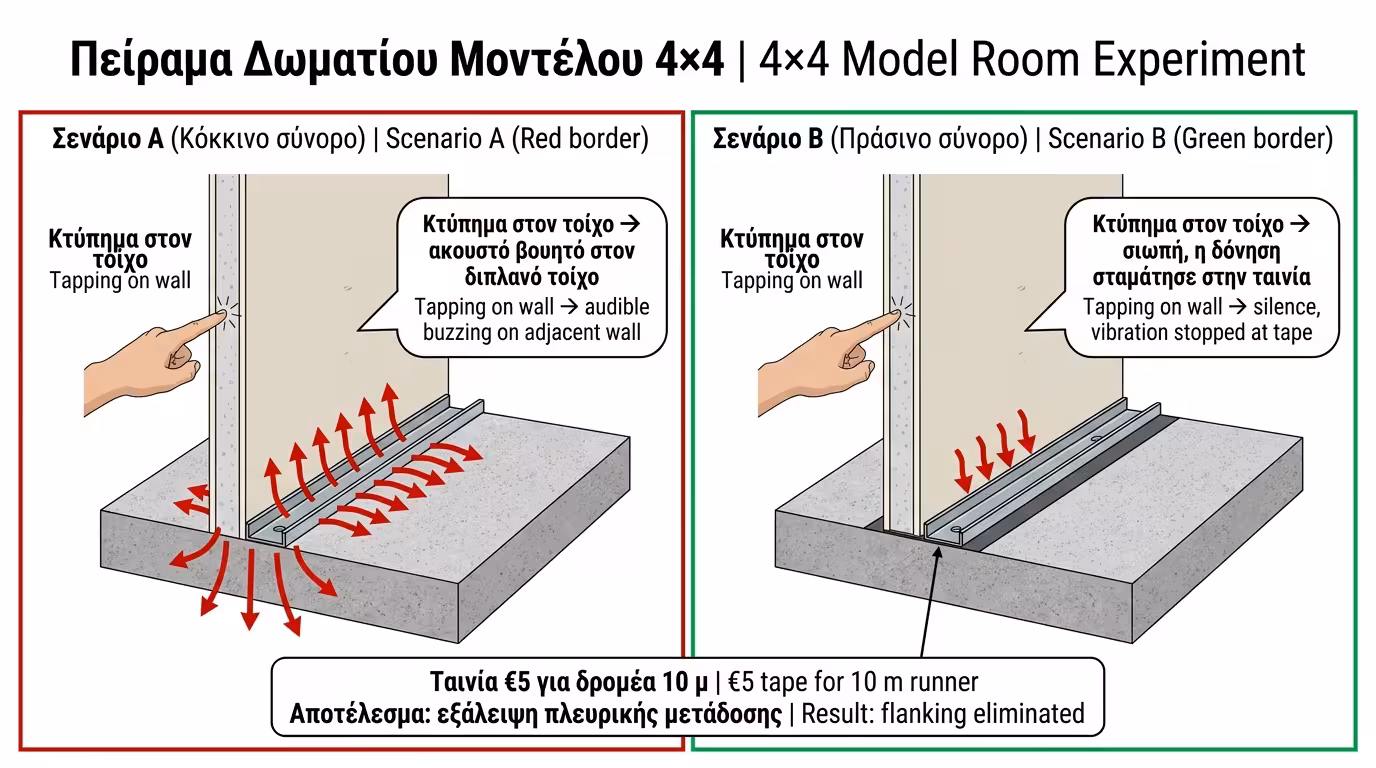 Πείραμα: Σενάριο Α (γυμνό μέταλλο, τρίξιμο) vs Σενάριο Β (ταινία, σιωπή)