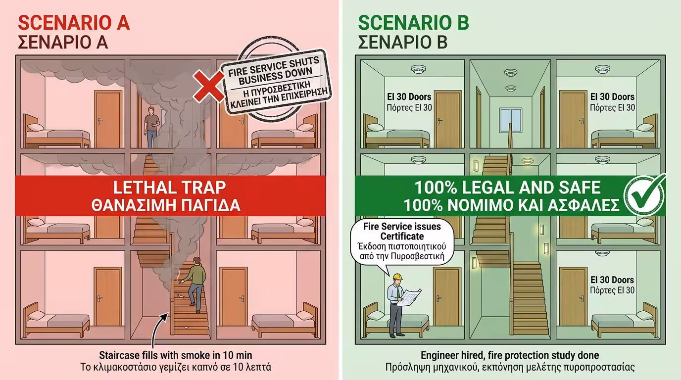 Πείραμα: Σενάριο Α (ξύλινη σκάλα, θανατηφόρα παγίδα) vs Σενάριο Β (πυράντοχες πόρτες, πιστοποιητικό)