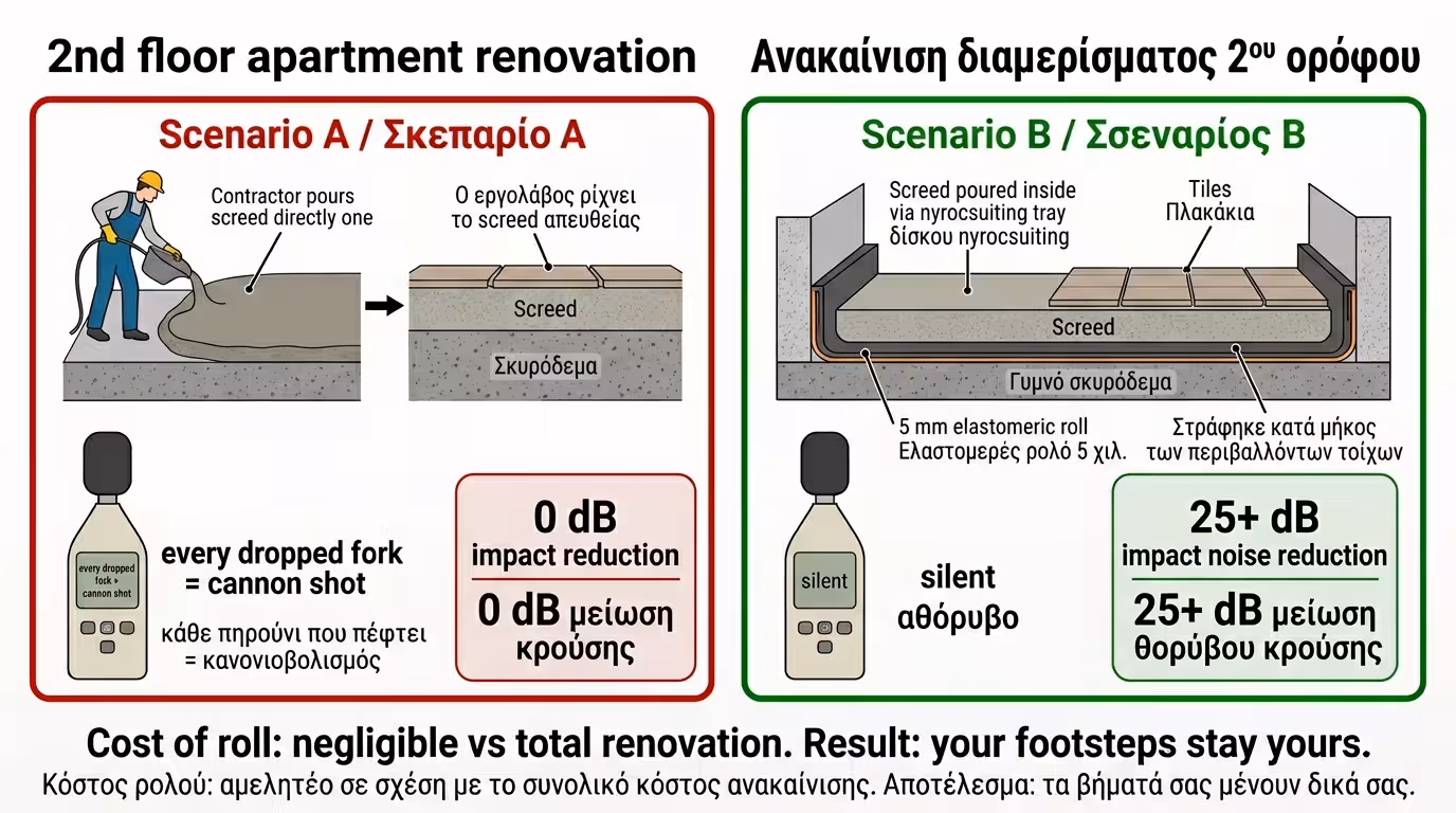 Πείραμα: Σενάριο Α (κλασική μέθοδος, κανονιά) vs Σενάριο Β (πλωτό, 25+ dB μείωση)