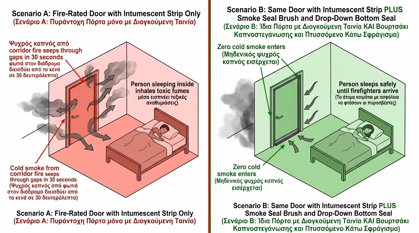 Πείραμα: πόρτα μόνο με θερμοδιογκούμενη ταινία vs πλήρες σύστημα Fire & Smoke
