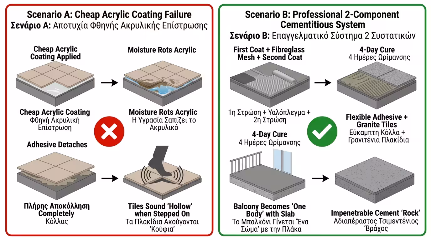 Πείραμα μπαλκονιού - λάθος ακρυλικό vs σωστό τσιμεντοειδές 2 συστατικών