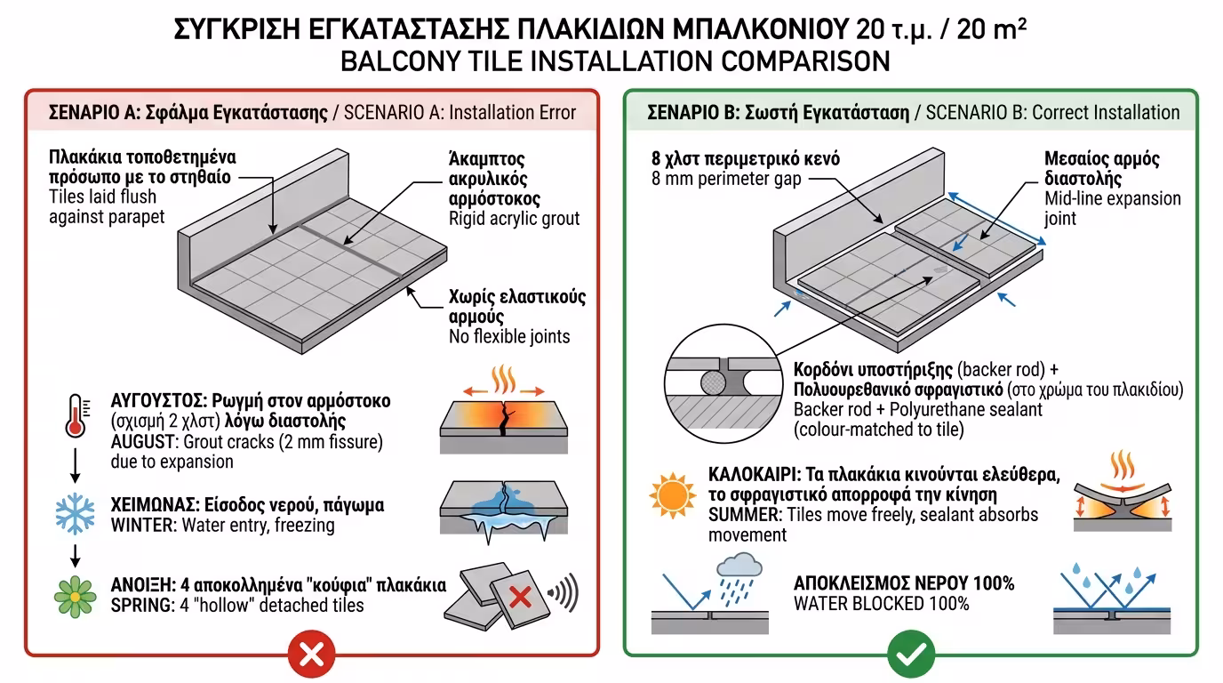 Πείραμα μπαλκονιού - σκληρός στόκος vs ελαστικός αρμός