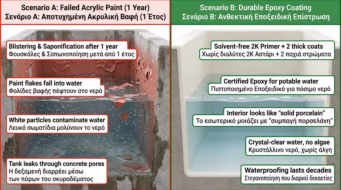 Πείραμα δεξαμενής - ακρυλική μπογιά vs εποξειδικό σύστημα