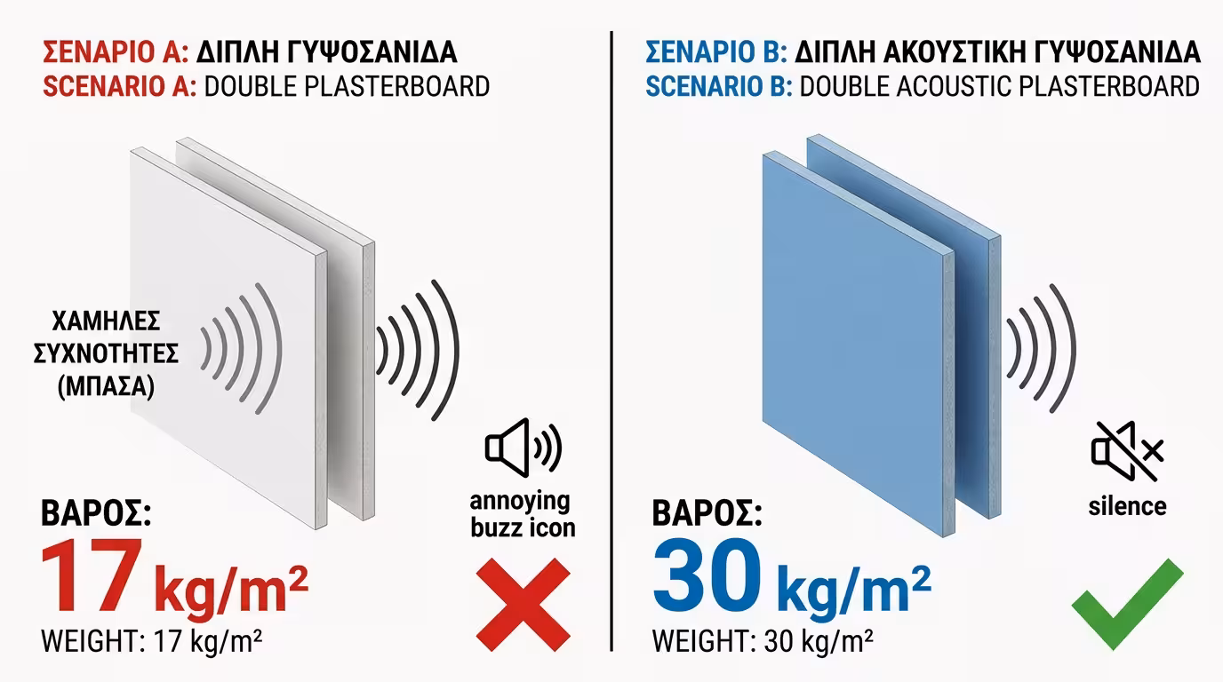 Πείραμα: Σενάριο Α (λευκή, 17 kg/m², βουητό) vs Σενάριο Β (ακουστική, 30 kg/m², σιωπή)