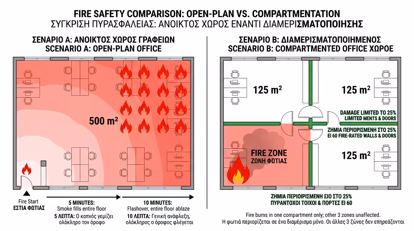 Πείραμα: open plan vs πυροδιαμερισματοποίηση σε γραφεία