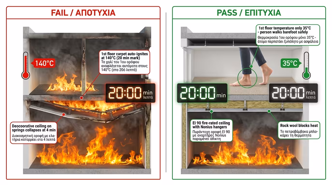 Πείραμα: διακοσμητική ψευδοροφή πέφτει στα 4 λεπτά vs πυράντοχη EI 90 κρατά - πάτωμα 35°C