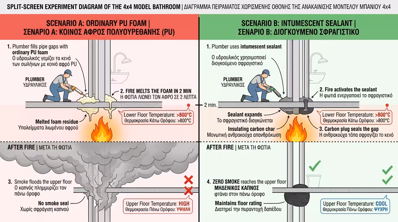 Πείραμα: κάσα πόρτας - κίτρινος αφρός vs intumescent μαστίχη
