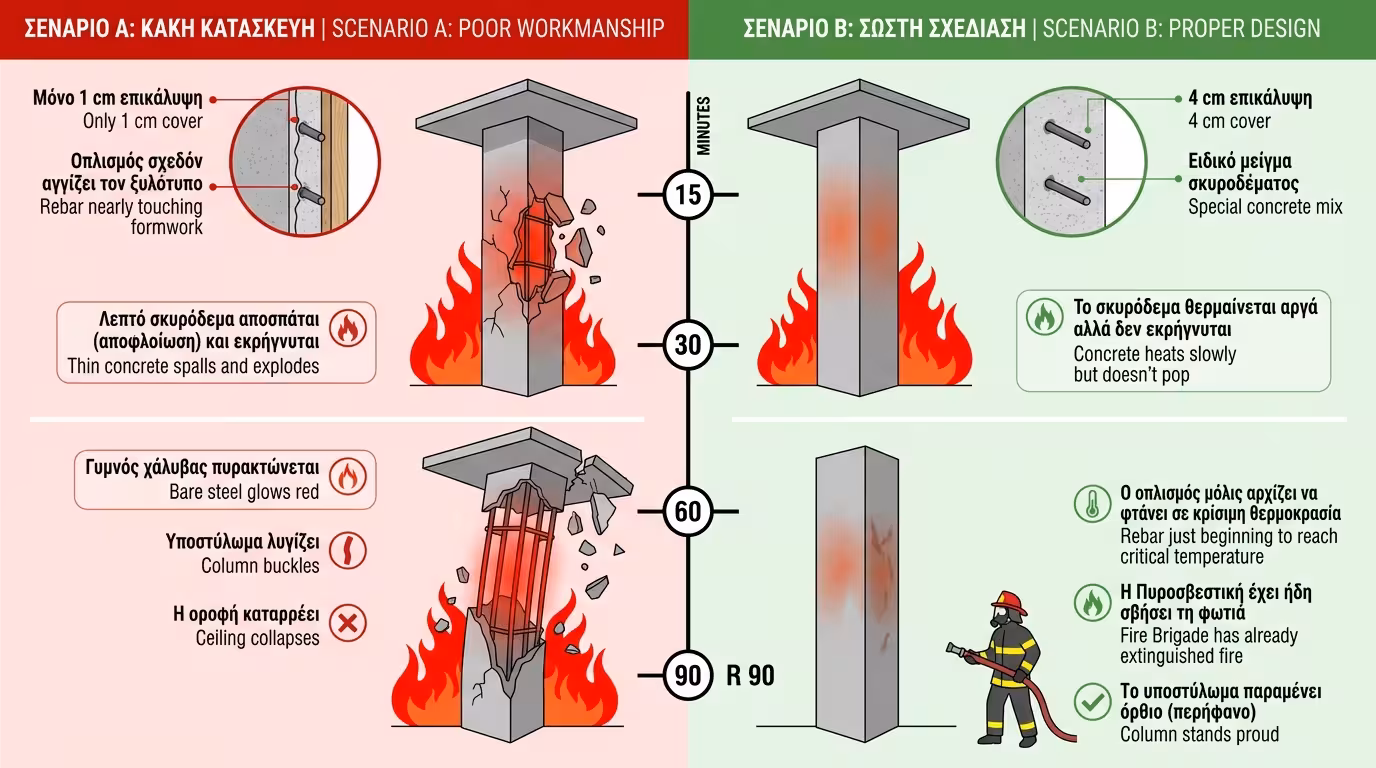 Πείραμα: Σενάριο Α (κακοτεχνία, 1 εκ. επικάλυψη, κατάρρευση στο 30ο λεπτό) vs Σενάριο Β (4 εκ. επικάλυψη, R 90)