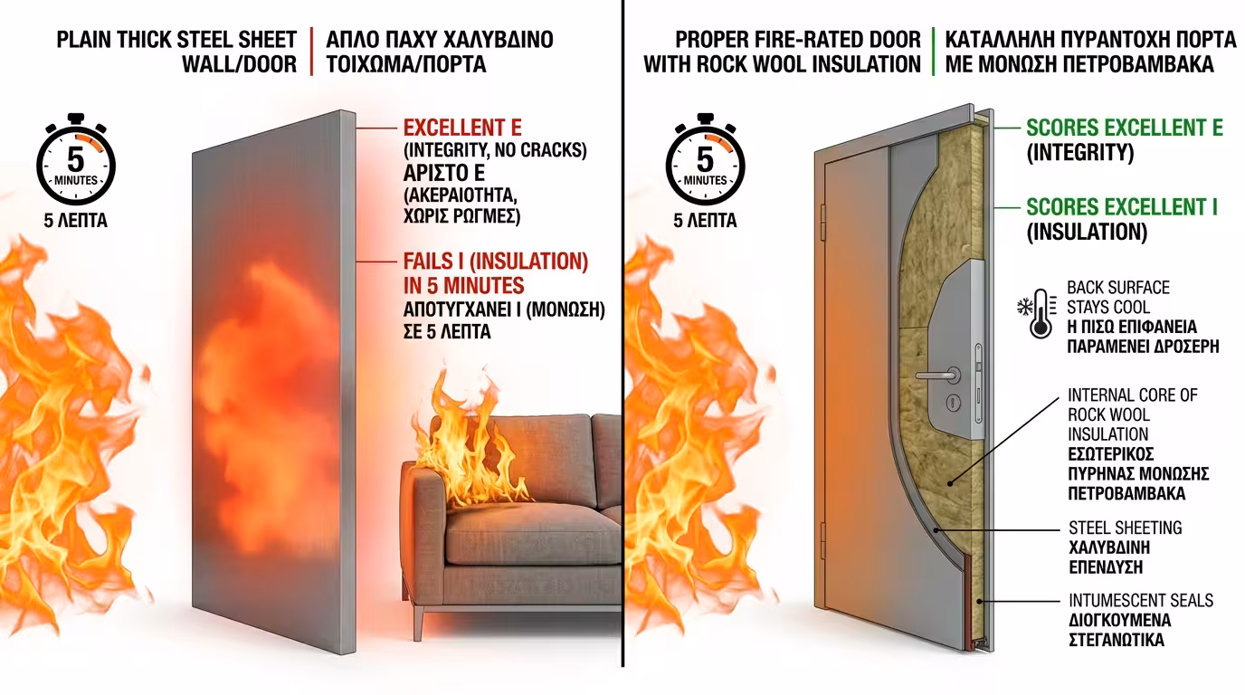 Πείραμα: τοίχος χάλυβα E αλλά χωρίς I - η πίσω πλευρά πυρακτώνεται και βάζει φωτιά