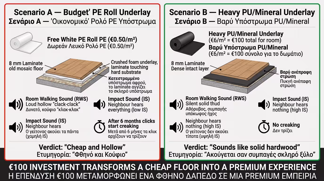 Πείραμα: Σενάριο Α (δωρεάν PE, κούφιο κλακ-κλακ) vs Σενάριο Β (PU 6€/τμ, πολυτελές)