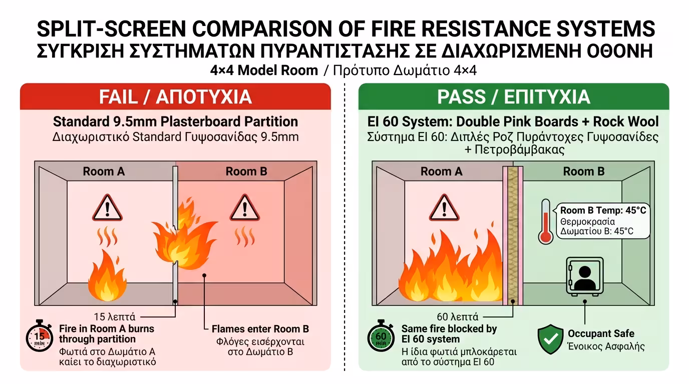 Πείραμα: λευκή γυψοσανίδα αποτυγχάνει στα 15 λεπτά vs σύστημα EI 60 αντέχει 65 λεπτά