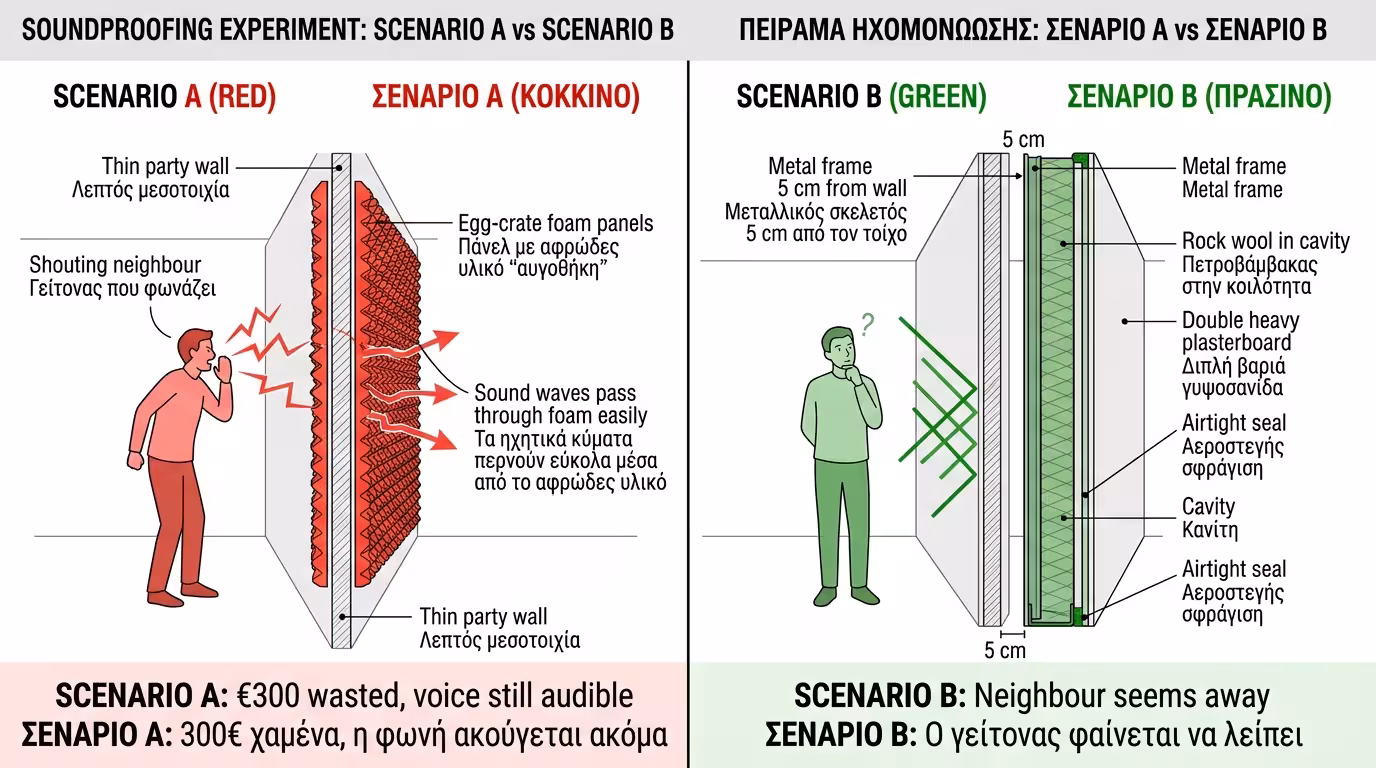 Πείραμα - σφουγγάρια στον τοίχο vs ψευδοτοιχία με γυψοσανίδα