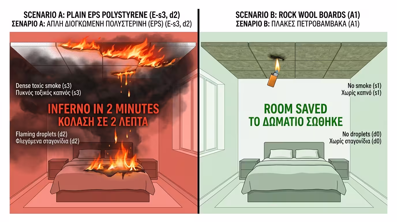 Πείραμα: Σενάριο Α (EPS E-s3,d2, κόλαση σε 2 λεπτά) vs Σενάριο Β (πετροβάμβακας A1, η φλόγα σβήνει μόνη)