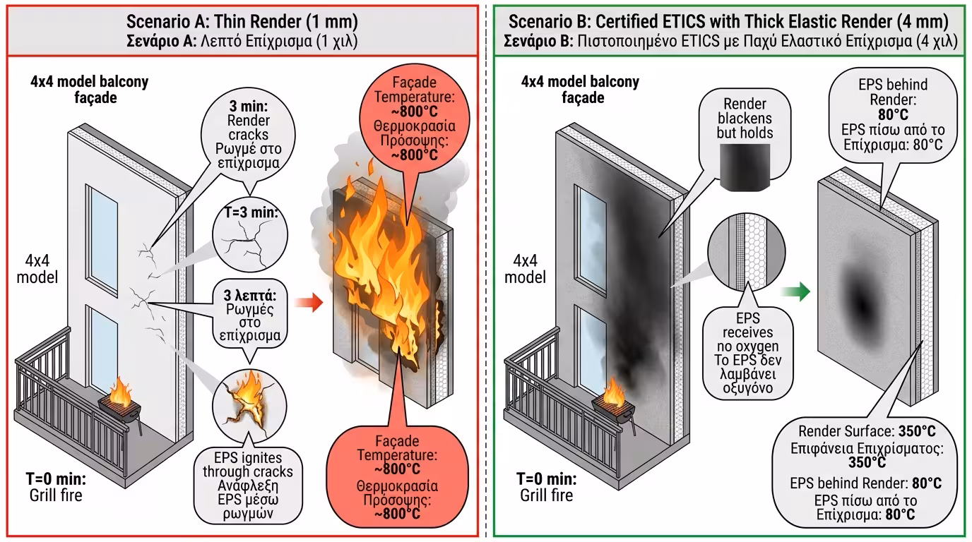 Πείραμα: φωτιά από μπάρμπεκιου σε εξωτερικό τοίχο - φθηνή vs πιστοποιημένη θερμοπρόσοψη
