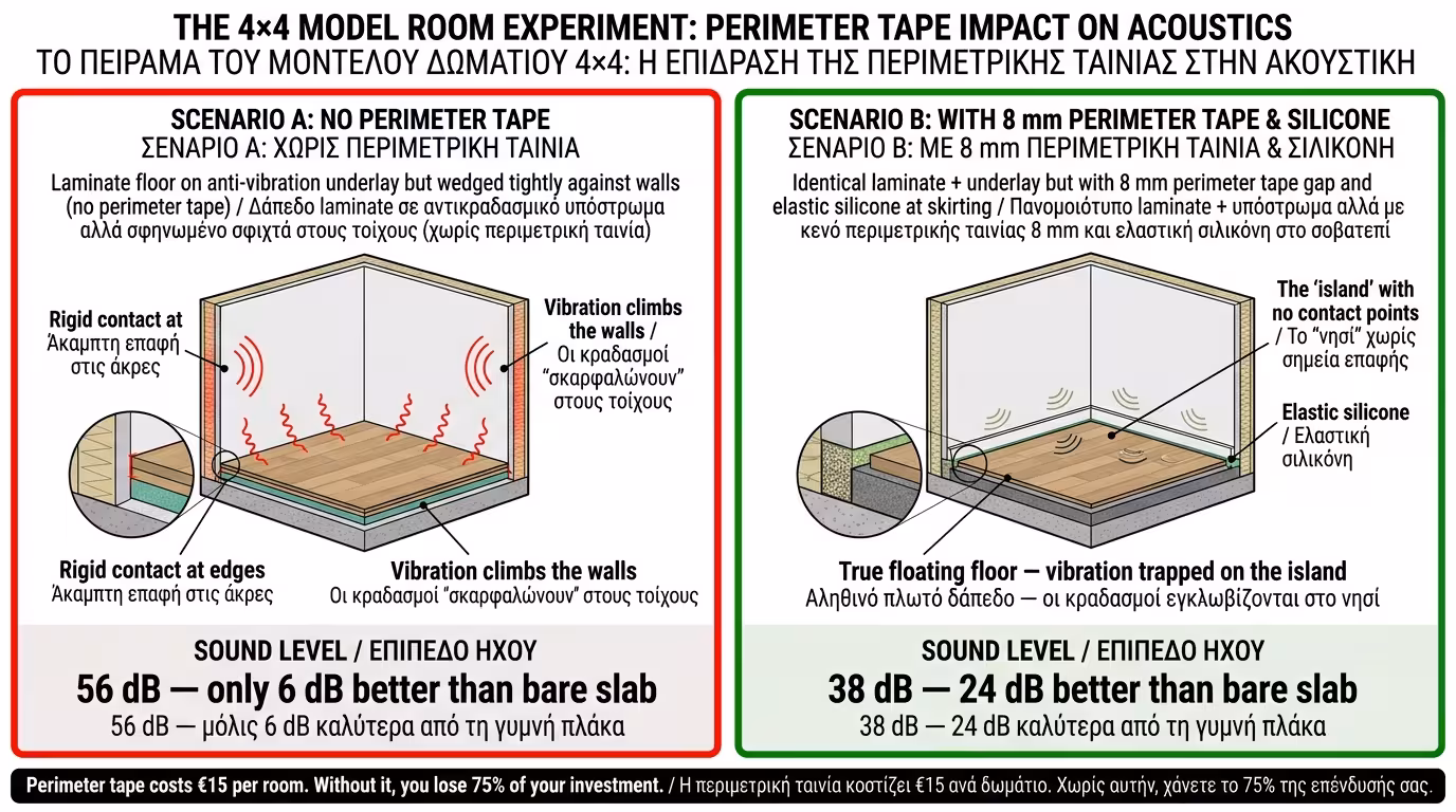 Πείραμα: Σενάριο Α (σφηνωτό laminate, θόρυβος) vs Σενάριο Β (νησί 8mm αρμός, σιωπή)