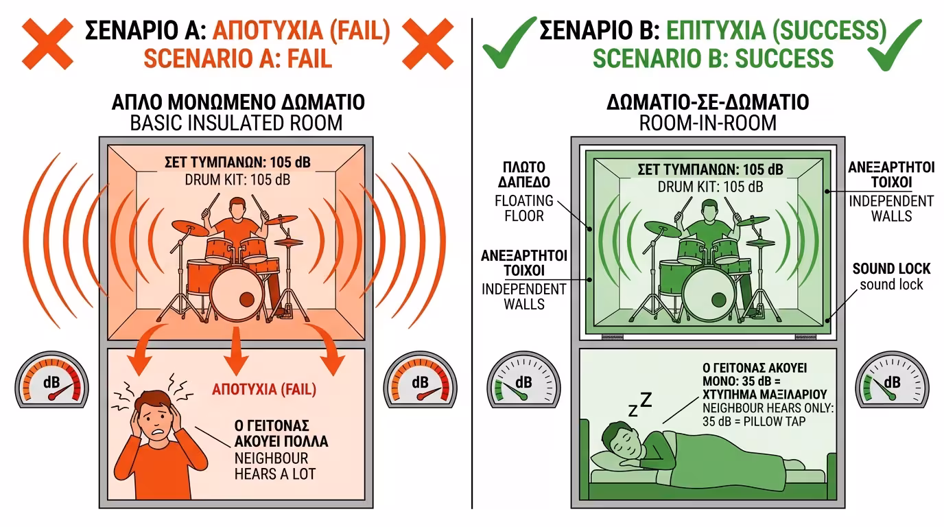 Πείραμα 4×4: Σενάριο Α (απλή ηχομόνωση, αποτυχία τα ντραμς) vs Σενάριο Β (Room-in-Room, 35 dB σιωπή)