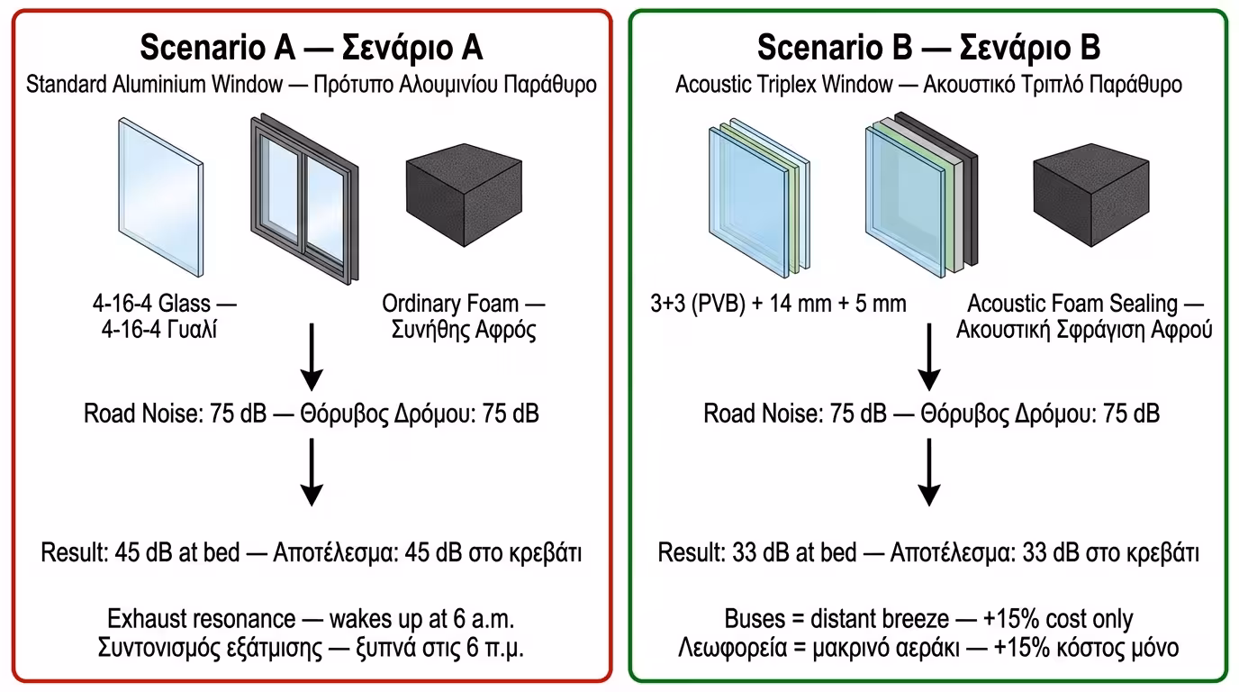Πείραμα: Σενάριο Α (4-16-4 + αφρός, 30 dB) vs Σενάριο Β (triplex + ακουστικός αφρός, 42 dB)