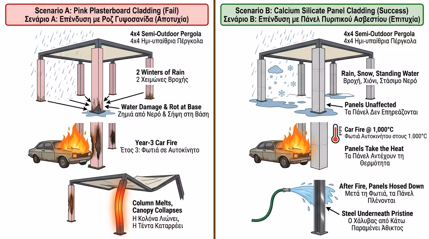 Πείραμα: πέργκολα - γυψοσανίδα σαπίζει vs πυριτικό ασβέστιο αντέχει