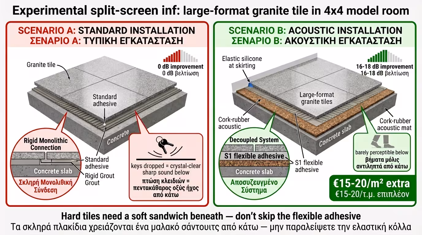Πείραμα: Σενάριο Α (κλασική κόλλα, 0 dB) vs Σενάριο Β (acoustic mat + S1, 16-18 dB)