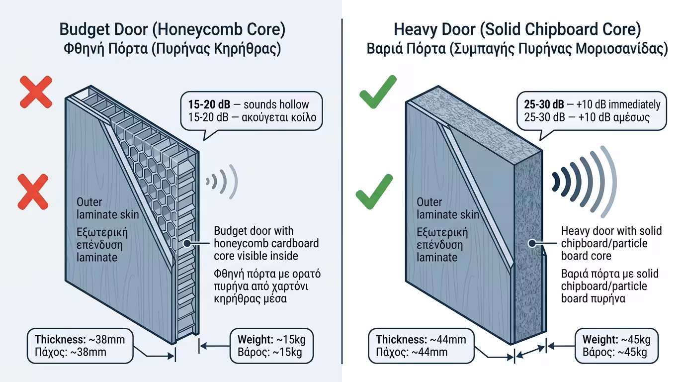 Πείραμα: Σενάριο Α (χαρτοκυψέλη + χαραμάδα, 18 dB) vs Σενάριο Β (συμπαγής πυρήνας + αεροφράκτης, 32 dB)