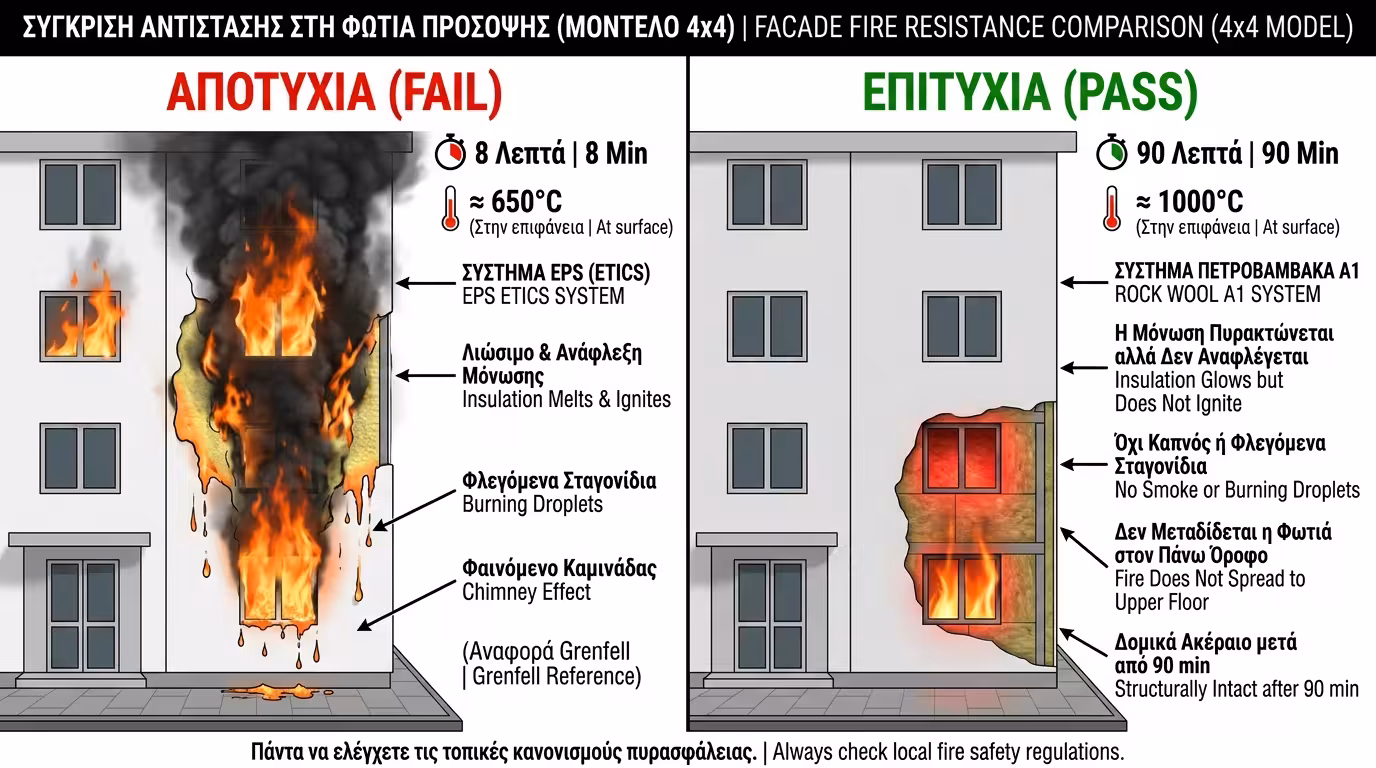 Πείραμα: EPS πρόσοψη λιώνει σε 8 λεπτά vs πετροβάμβακας αντέχει 90 λεπτά αθικτος