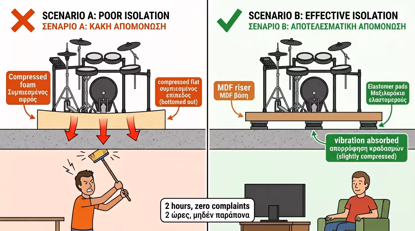 Πείραμα: Σενάριο Α (αφρολέξ, αποτυχία) vs Σενάριο Β (DIY riser, 2 ώρες χωρίς παράπονα)