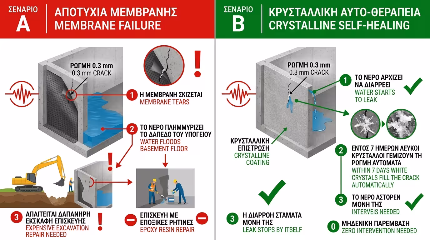 Πείραμα - κλασική μεμβράνη vs κρυσταλλική υγρομόνωση μετά από σεισμό