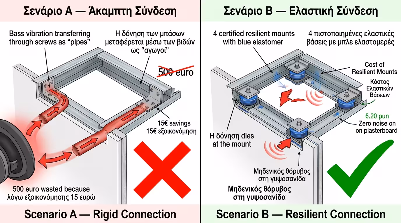 Πείραμα: Σενάριο Α (4 γωνίες, μπάσο περνάει) vs Σενάριο Β (4 αντικραδασμικά, μηδέν δόνηση)