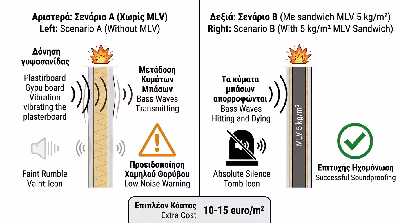 Πείραμα: χωρίς MLV (υπόκωφη δόνηση μπάσου) vs με MLV 5 kg (η δόνηση στραγγαλίζεται)