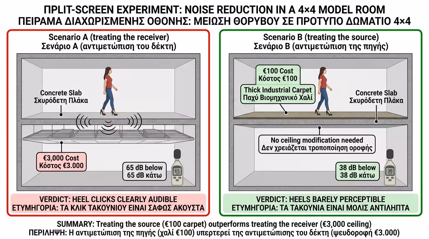Πείραμα: Σενάριο Α (ψευδοροφή, ο ήχος από τοίχους) vs Σενάριο Β (χαλί 100€, σιωπή)