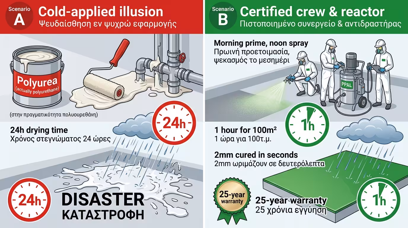 Πείραμα ταράτσας - ψεκασμός πολυουρίας εν θερμώ vs ψυχρή εφαρμογή