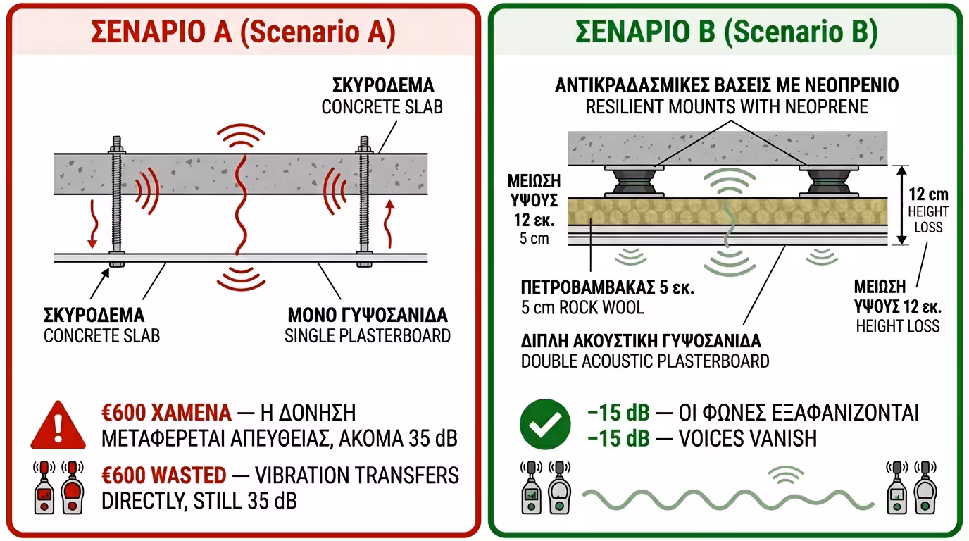 Πείραμα ψευδοροφής: Σενάριο Α (ντίζες + λεπτή γυψοσανίδα) vs Σενάριο Β (αντικραδασμικές αναρτήσεις + διπλή)
