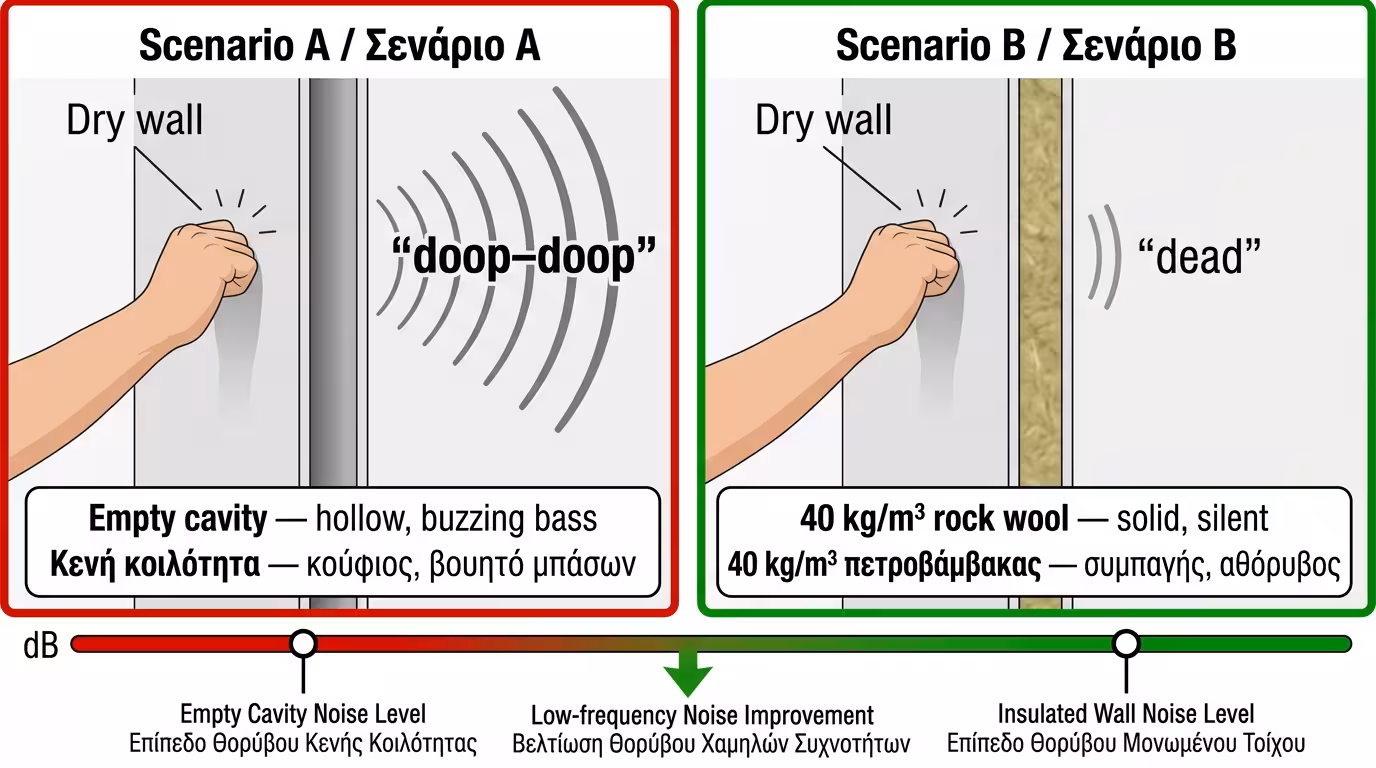 Πείραμα: Σενάριο Α (άδειο κουτί, βουίζει) vs Σενάριο Β (πετροβάμβακας 40 kg/m³, νεκρός ήχος)